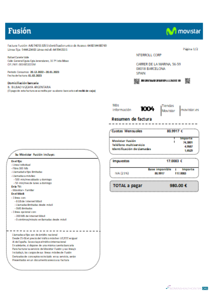 Download Movistar Fusion telecom operator utility business bill, SCR Photoshop template